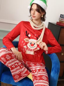 Chillnights Women's Cartoon Print Long Sleeve Top And Pants Pajama Set - Red - View 6