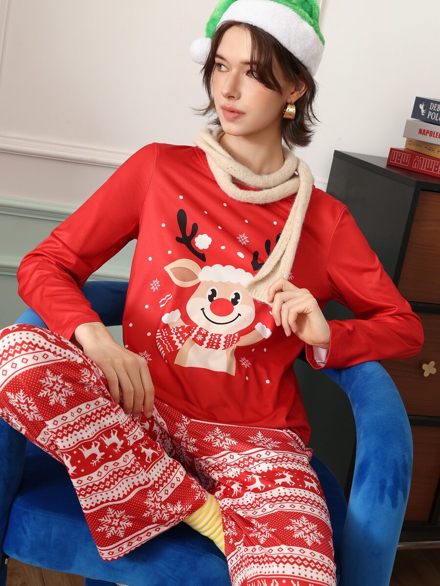 Chillnights Women's Cartoon Print Long Sleeve Top And Pants Pajama Set - Red - View 1