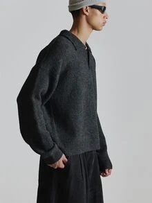 Collared Knit Polo Front "MUSERO" Embroidery Ribbed Hem And Cuff Sleeves Autum Winter Essentials - Grey - View 4