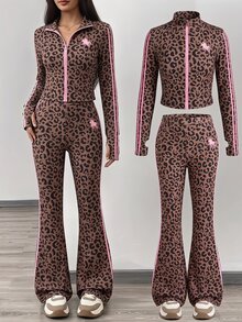 SHEIN 少女棕色豹紋印花立領拉鍊長袖外套與喇叭褲2件套 秋冬套裝 - 棕色 - 查看 16