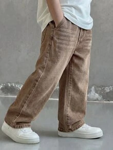 Tween Boy Loose Casual Versatile Denim Straight Leg Pants With Pockets - Brown - View 1