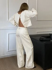 Livesso Women's Elegant Long Sleeve Shirt And Button Pocket Denim Pants Set Fall - White - View 1