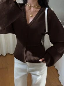 Siren Gaze 女款純色鈕扣修身腰針織開襟衫，休閒日常穿著，秋冬款 - 棕色 - 查看 7