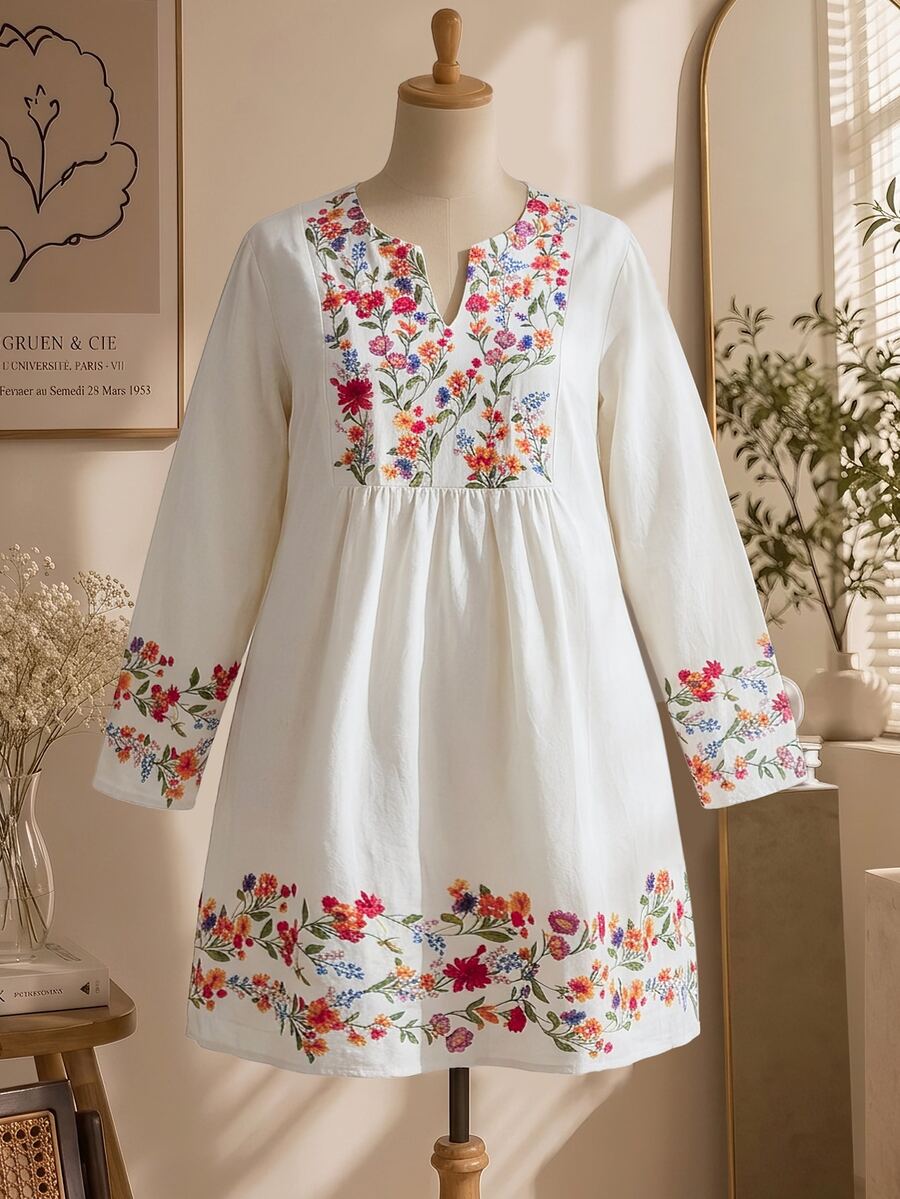 Rusticease Plus Size Women Floral Print Notch V-Neck Long Sleeve Casual Boho Dress Vacation Formal White Autumn - White - View 1