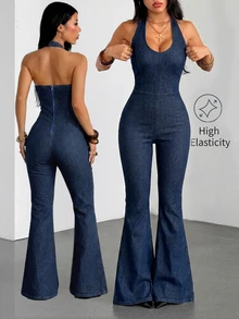 Flexra Festival Plus Size Women's Blue Stretch Sexy Tight Halter Neck Denim Jumpsuit - Dark Wash - View 1