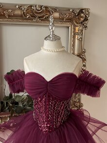 Lovelzi Elegant Glamorous Fashion Deep Red Sequin Embroidered Patchwork Mesh Sweetheart Neckline Off-Shoulder Puff Sleeve Full Skirt Short Dress Suitable For Wedding Guest, Prom - Burgundy - View 2