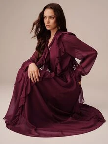 BELROSIE Fall Burgundy Solid Color Chiffon V-Neck Dress With Tie Scarf, Bowknot Strap Decor, French Romantic Style, Ruffle Trim, Elegant Party Dinner Women - Red Violet - View 2