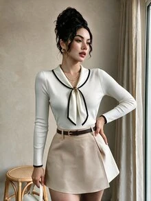 INAWLY 女款優雅長袖領結領口襯衫 - 白色 - 查看 5
