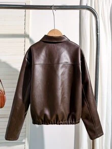 SHEIN 青少年女孩長袖抓絨秋季衣物 秋冬休閒街頭風寬鬆日常通勤高階校園百搭PU皮革夾克 棕色 - 棕色 - 查看 2