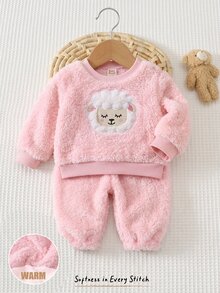 Cozy Pixies 新生女嬰卡通圖案內裡 3 個蝴蝶結厚絨圓領長袖套頭運動衫與鬆緊腰長冬褲 2 件套 - 彩色 - 查看 5