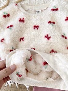 SHEIN Baby Girl Knitted Plush Pattern Crew Neck Casual Sweatshirt And Long Autumn Pants 2-Piece Set Red Christmas Cute Warm Winter Fluffy Comfy Soft - Multicolor - View 4