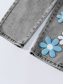 Girls/Toddlers Fashion Snowflake Washed Distressed Embroidery Flare Pants - Light Grey - View 7