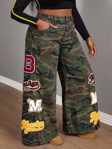 Slaydiva Plus Size Women Non-Stretch Denim Jeans Camouflage Print Design American Street Style Straight Leg Wide Leg Pants Cowboy Outfits For Women - Multicolor - View 5