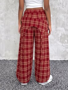 Kids Tween Girl Deconstructed Design Plaid Wide Leg Loose Long Pants - Red - View 5