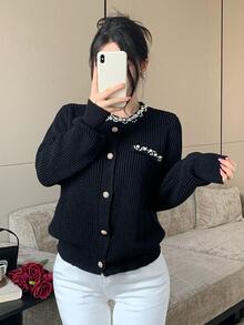 Modelyn Women's Faux Pearl Decorated Long Sleeve Single-Breasted Casual Knit Cardigan - Black - View 4