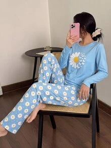 Dream Adore 女款雛菊印花長袖上衣與長褲睡衣套裝 - 天藍色 - 查看 6