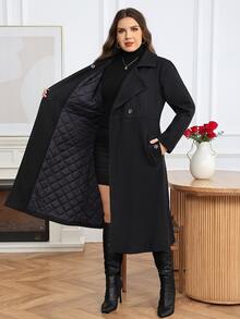 Easowa Curve Plus Size Women's Solid Color Lapel Neck Long Sleeve Casual Wool Blend Jacket - Black - View 7