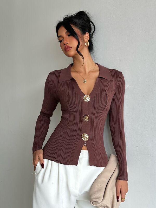 SHEIN Damen Vintage Mode Strickjacke mit strukturierter Metallverzierung