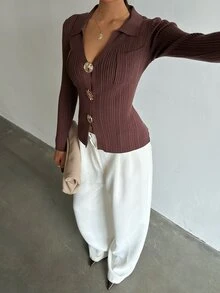 Glamine 女款復古時尚紋理金屬裝飾針織開襟衫 - 棕色 - 查看 4
