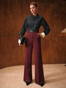 MOTF PREMIUM WOMEN'S SPRING/AUTUMN VINTAGE ELEGANT OFFICE COMMUTE HIGH-WAIST SLIM FIT TALL-LOOKING LONG FLARED SUIT PANTS - Maroon - View 6