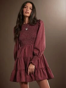 WESTFADE Gaun Mini Kotak-kotak Lengan Panjang Berkerut Bertingkat dengan Kerah Perahu dan Detail Smock, Musim Gugur/Musim Dingin 2026, Gaya Barat, Pakaian Koboi Wanita, Rodeo, Tampilan Wanita Pedesaan, Musim Gugur - MultiWarna - View 4