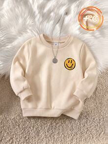 Boys' (Small) Apricot Crew Neck Sweatshirt, Ribbed Cuffs Design. Small Tongue-Out Smiling Face Print On Chest, Vintage Letter And Big Smiling Face Pattern On Back, Loose Fit Comfortable, Playful And Simple Style, Soft And Skin-Friendly - Multicolor - View 2