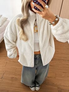 SHEIN EZwear 女款純色拉鍊休閒百搭長袖夾克，適合日常居家旅行，白色，秋季 - 白色 - 查看 6