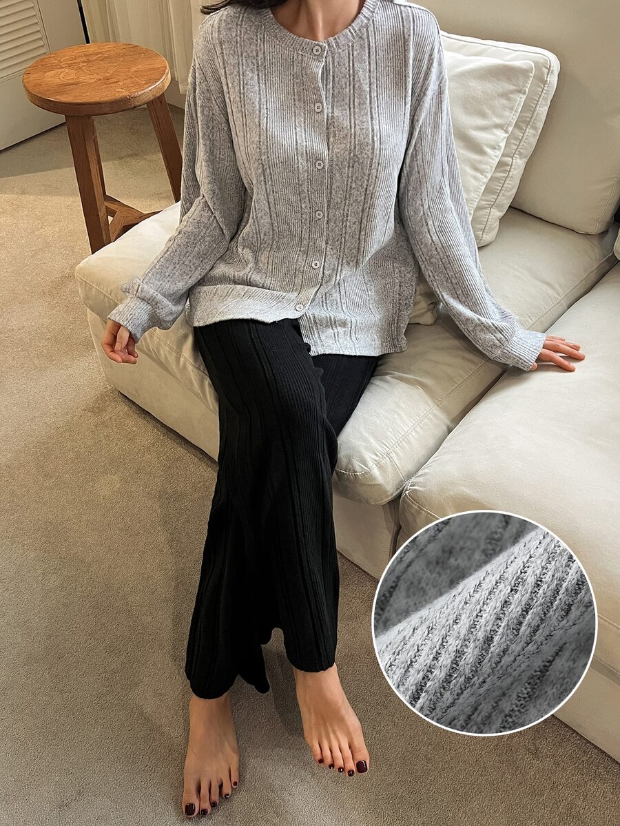 DAZY Women's Solid Color Long Sleeve Top And Pants Casual Daily Homewear Set - Grey - View 1
