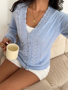 Autumina Women's Autumn Casual Hollow Knit Cardigan - Blue - View 3