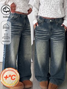 SHEIN Girlism 青少年女孩復古藍色牛仔刷毛內裡寬鬆長褲，秋冬款 - 中等水洗藍 - 查看 3