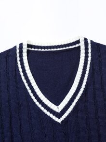 Manfinity Homme Men's Plus Size Contrast Trim Knit Vest - Navy Blue - View 4