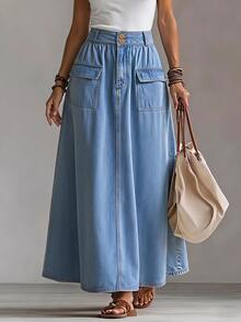 LUMIGAL Women's Fashion Streetwear Pocket Button Denim Skirt - Blue - View 9