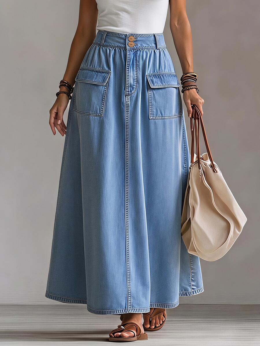 LUMIGAL Women's Fashion Streetwear Pocket Button Denim Skirt - Blue - View 1