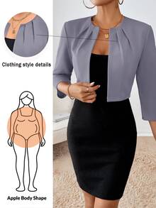 SHEIN Essnce Plus Size Women's Solid Color Pleated Design Open Front 3/4 Sleeve Blazer - Light Grey - View 7