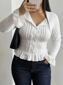 Dazy Plus Korean Style Spring/Autumn V-Neck Long Sleeve Lace Patchwork Pleated Polka Dot White Button Slim Fit Ruffle Hem T-Shirt - White - View 5