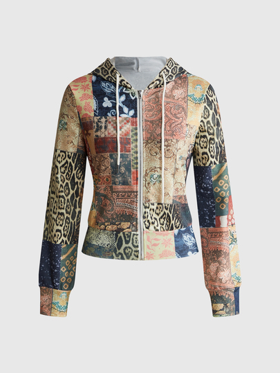 Y2K Subculture New Chinese Style Geisha Tiger Rose Print Fitted Hooded Open Front Women's Sweatshirt
