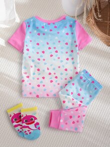 BABY SHARK X SHEIN طقم ملابس منزلية للبنات الرضع بطبعة كرتونية، توب بأكمام قصيرة وبنطلون طويل - متعدد الألوان - مشاهدة 2