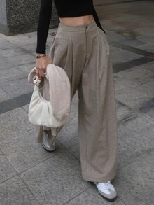 DAZY Women's Solid Color Pleated Wide Leg Loose Casual Long Pants - Brown - View 7
