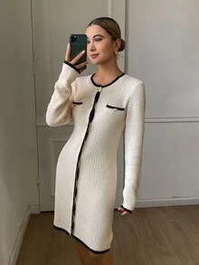 DAZY Patchwork Contrast Color Striped Fitted Bodycon Long Sleeve Round Neck Elegant Formal Vacation Korean Style Party Autumn/Winter Women's Sweater Dress - Apricot - View 2