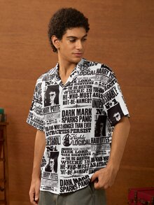 HARRY POTTER X SHEIN Men's Letter Print Fashion Single-Breasted Short Sleeve Shirt - White - View 3
