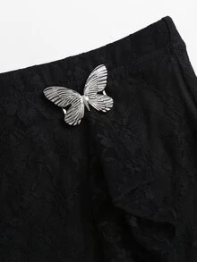 Sweetra Women's Black Knitted Lace Floral Low Waist Sexy Fashion Commute Metal Butterfly Decor Ribbon Asymmetrical Hem Fishtail Skirt, Spring Summer Autumn - Black - View 4