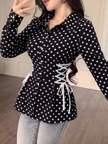 Modelyn 女款波點領結設計休閒百搭日常外出襯衫 - 黑色 - 查看 4