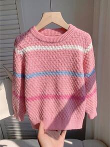 Genkimix Kids Young Girl Sweet Pink Colorblock Striped Sweater, Autumn Baby Round Neck Textured Loose Knit Pullover - Pink - View 1