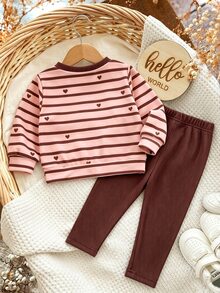 SHEIN Playful Pals 2pcs Baby Girl Sweatshirt Leggings Cute Sweet Pink Brown Striped Heart Bow Print Rib-Knit Long Sleeve Round Neck Regular Holiday Fall Halloween Cozy - Multicolor - View 2