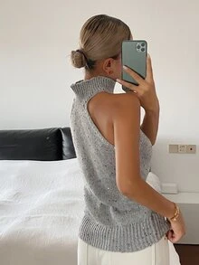 DAZY Solid Color Fitted Sequin High Neck Sleeveless Casual Sexy Holiday Spring/Autumn Knit Top For Women - Grey - View 2