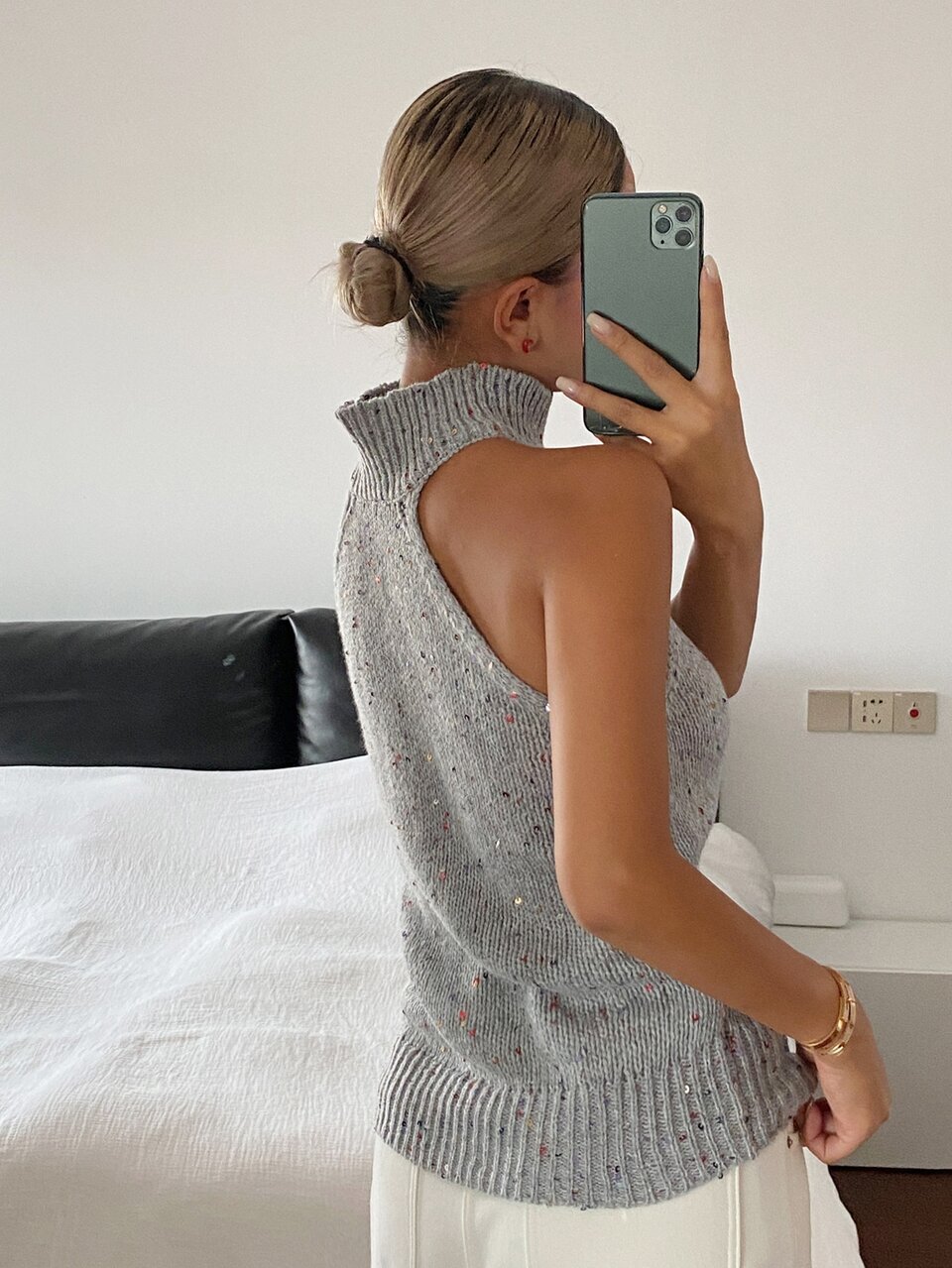 Solid Color Fitted Sequin High Neck Sleeveless Casual Sexy Holiday Spring/Autumn Knit Top For Women