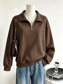 SHEIN Sparklyn 少女純色落肩長袖半拉鍊休閒運動衫 - 咖啡棕 - 查看 4