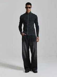 Musero Muscle Fit Funnel Neck Ribbed Zip Through Top Autum Winter Essentials - Black - View 1