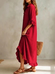 Linhara CURVE Plus Size Women's Solid Color Pleated Casual Party Dress - Red - View 9