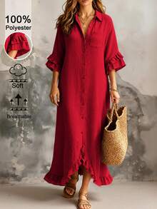 Linhara CURVE Plus Size Women's Solid Color Pleated Casual Party Dress - Red - View 4